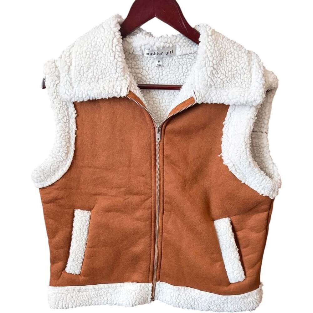 Madden Girl Faux-Shearling Moto Vest in Caramel Brown / Cream – Size Medium